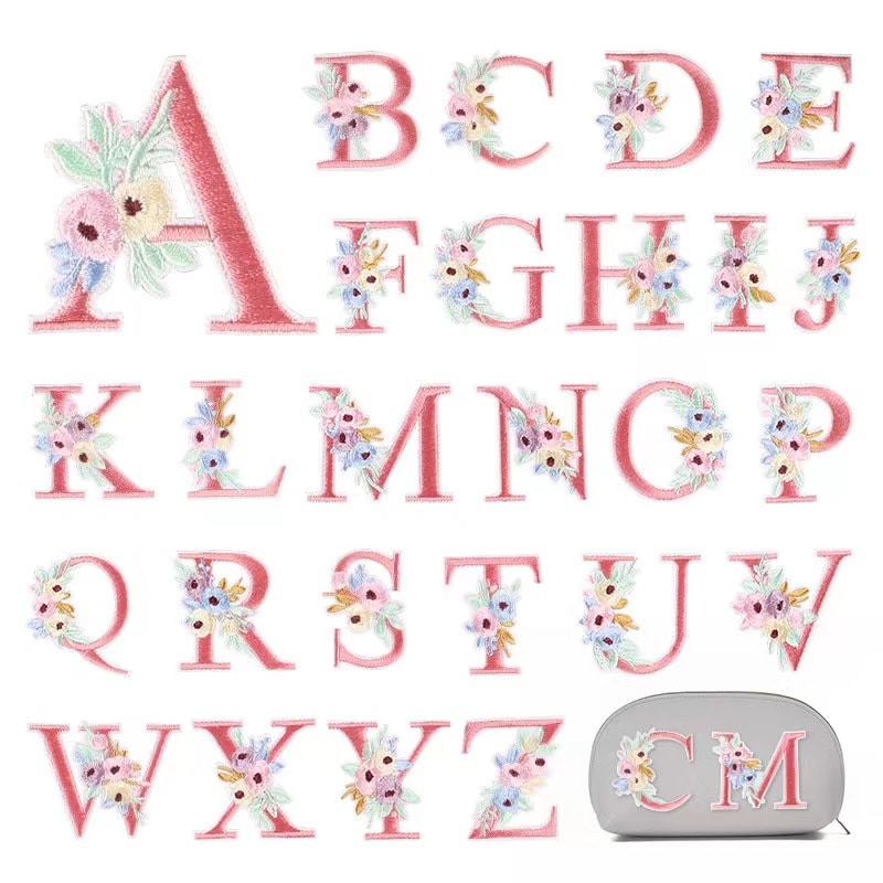 Pink flower embroidered letter patches